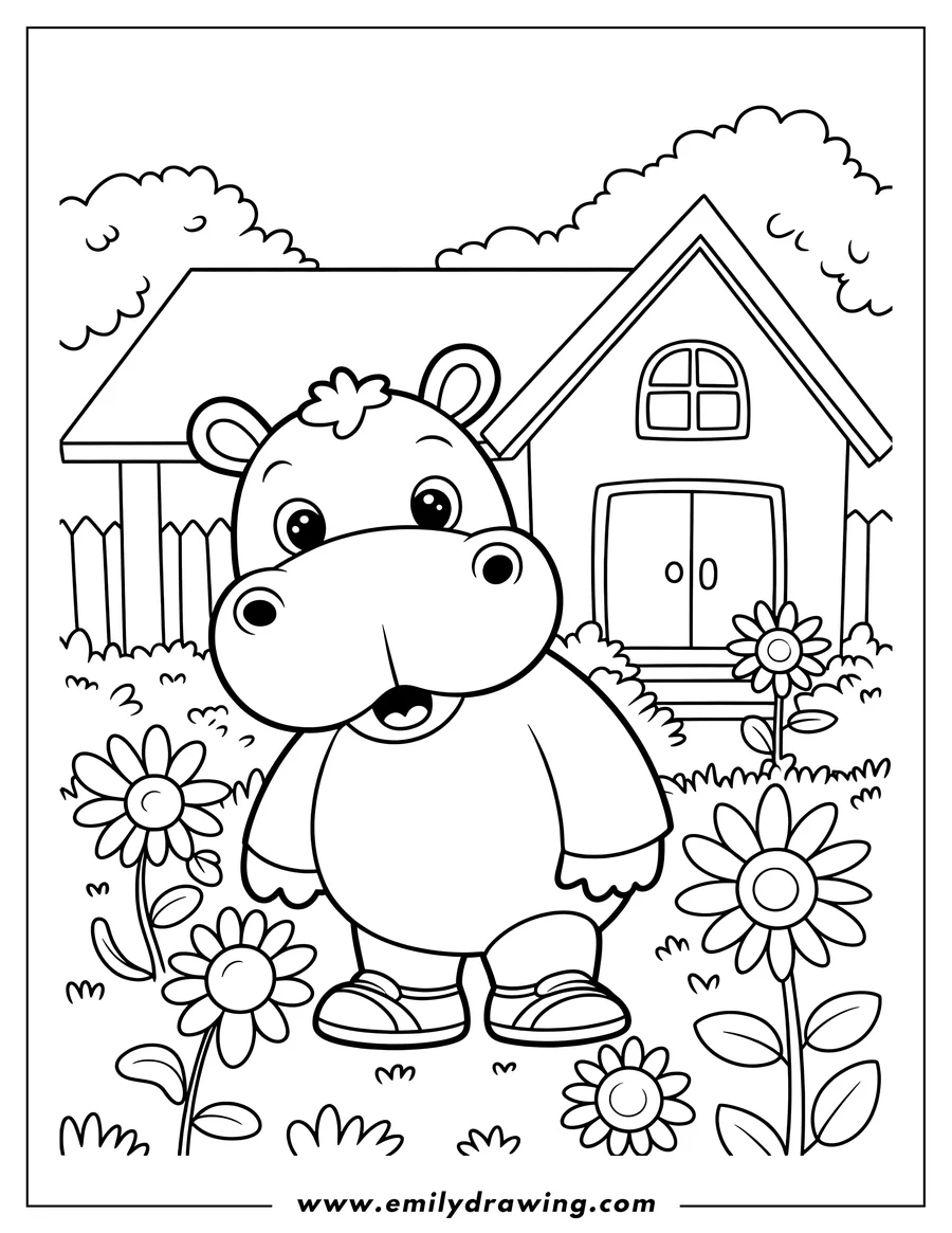 Outline of a hippo standing in a garden wearing sandals, with a house and flowers in the background.