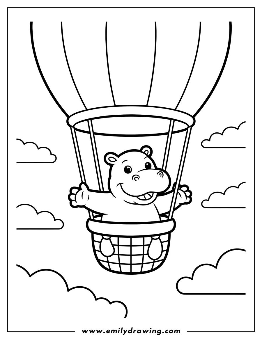 Outline of a happy hippo riding in the basket of a hot air balloon, waving with clouds in the background.