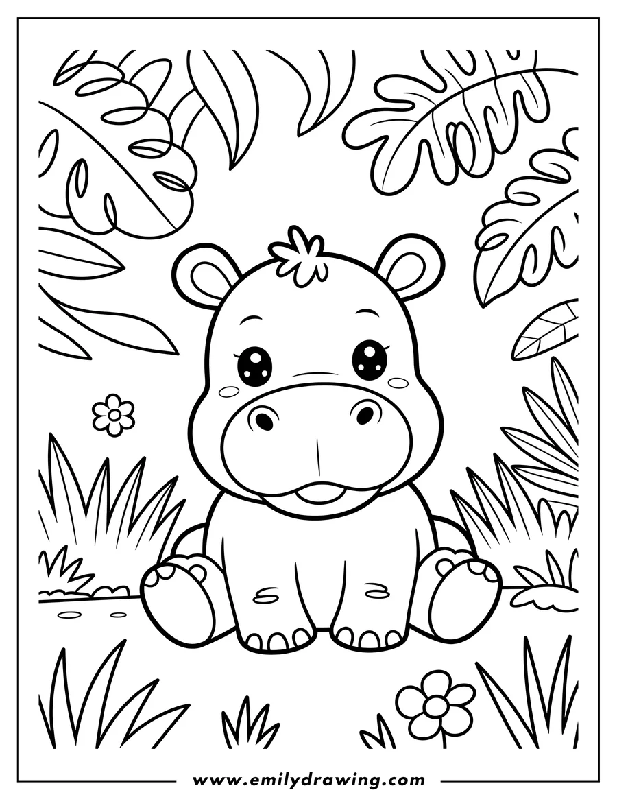 Line art of a baby hippopotamus sitting in a jungle setting, surrounded by leaves, grass, and flowers.