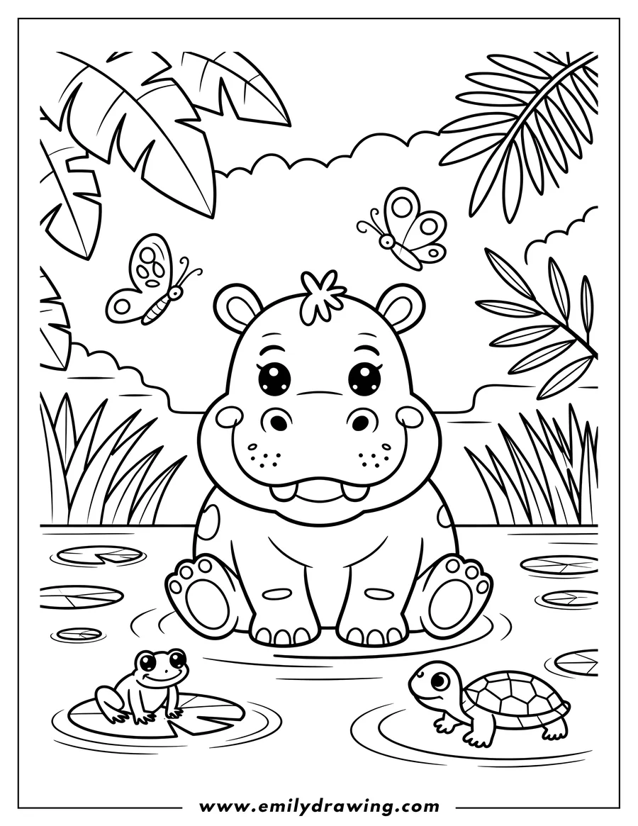 Outline of a hippopotamus sitting in a pond with a frog on a lily pad and a turtle swimming nearby. Butterflies flutter around lush plants in the background.