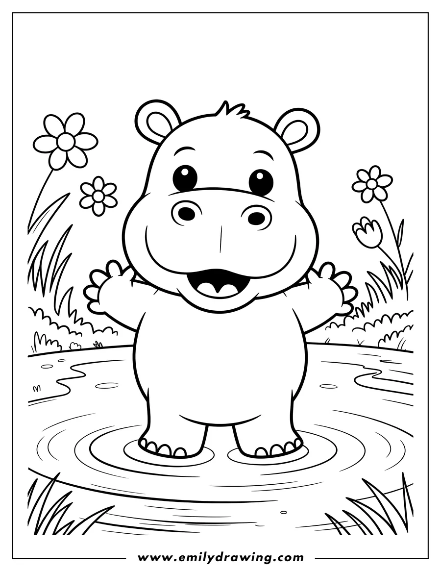 Outline of a hippo standing in shallow water with ripples around its feet. Flowers and grass are visible in the background.