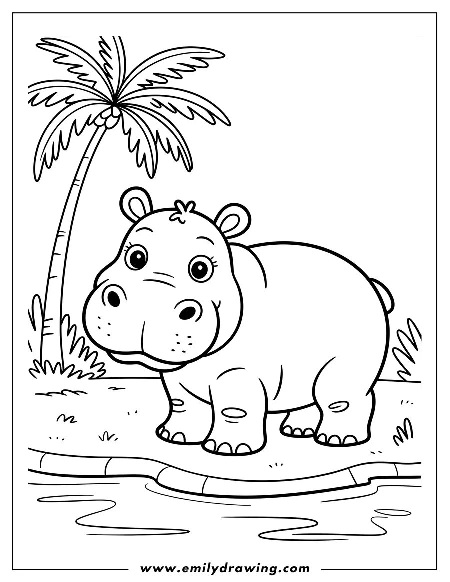 Outline of a hippopotamus standing near a palm tree by the water's edge.