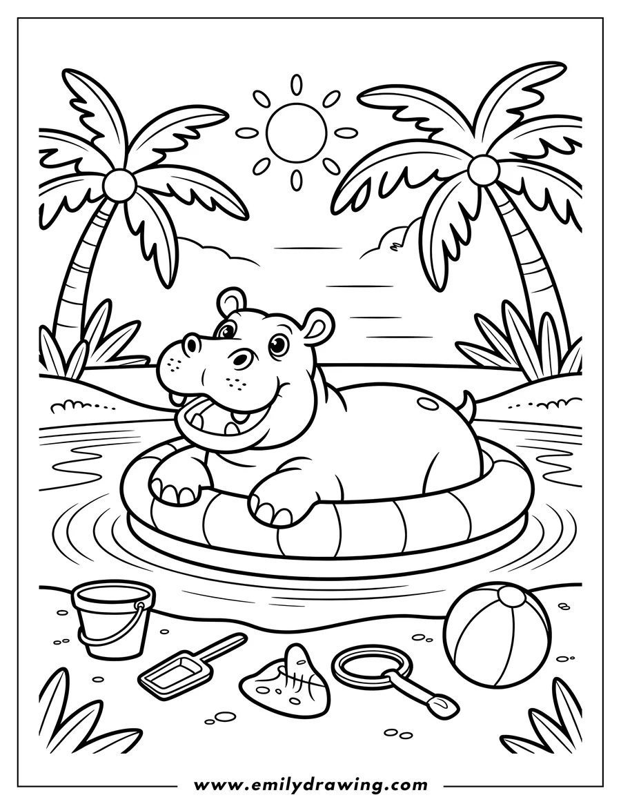 Outline of a hippopotamus floating on an inner tube in shallow water near a sandy beach with palm trees.