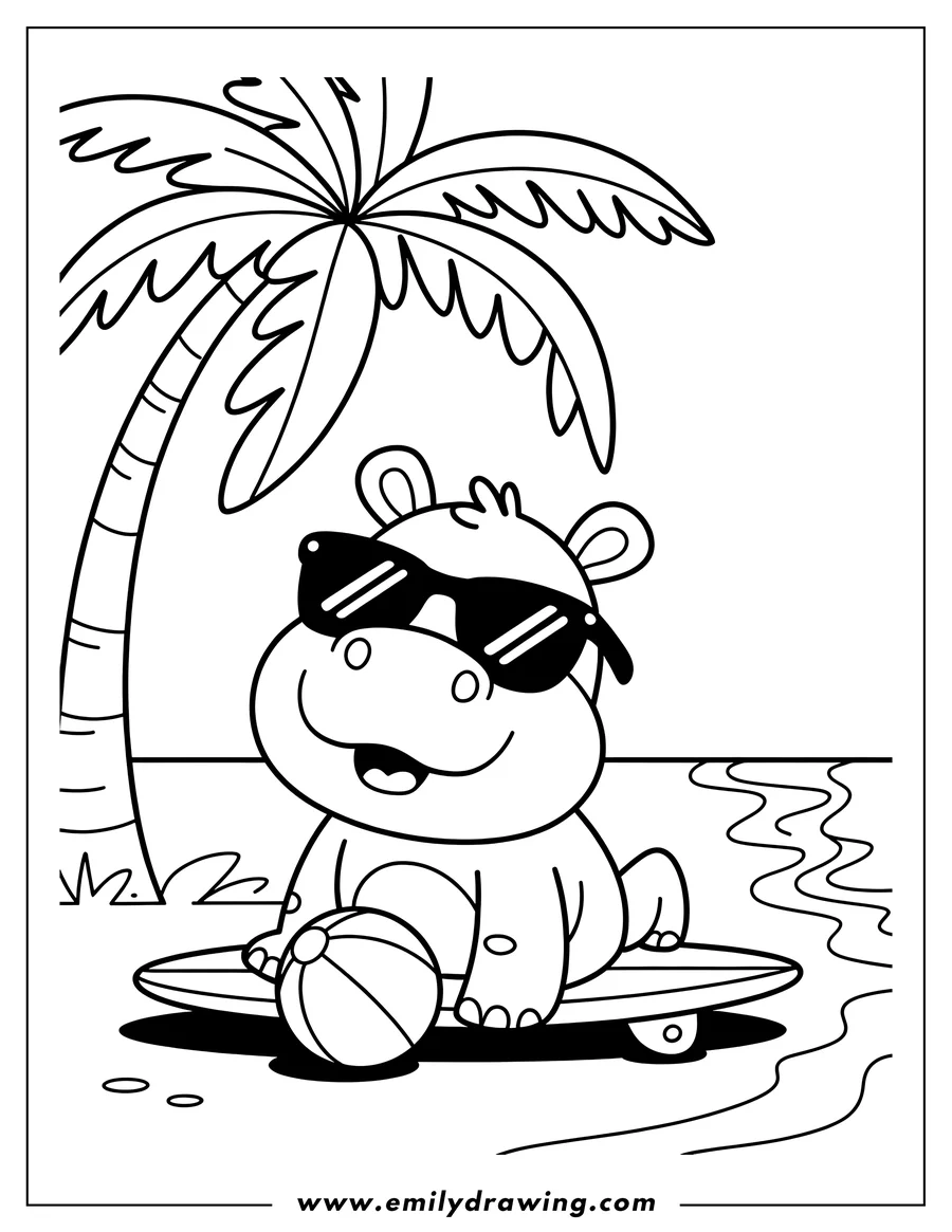 Outline of a hippo wearing sunglasses, sitting on a skateboard with a beach ball under a palm tree.