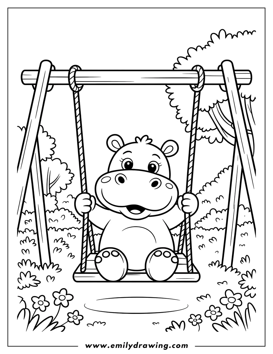 Outline of a happy hippo sitting on a swing in a park setting.