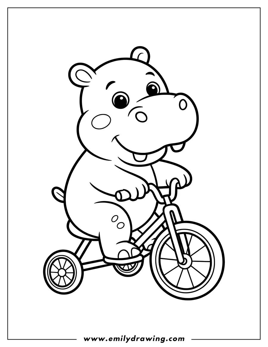Outline of a hippo riding a tricycle.
