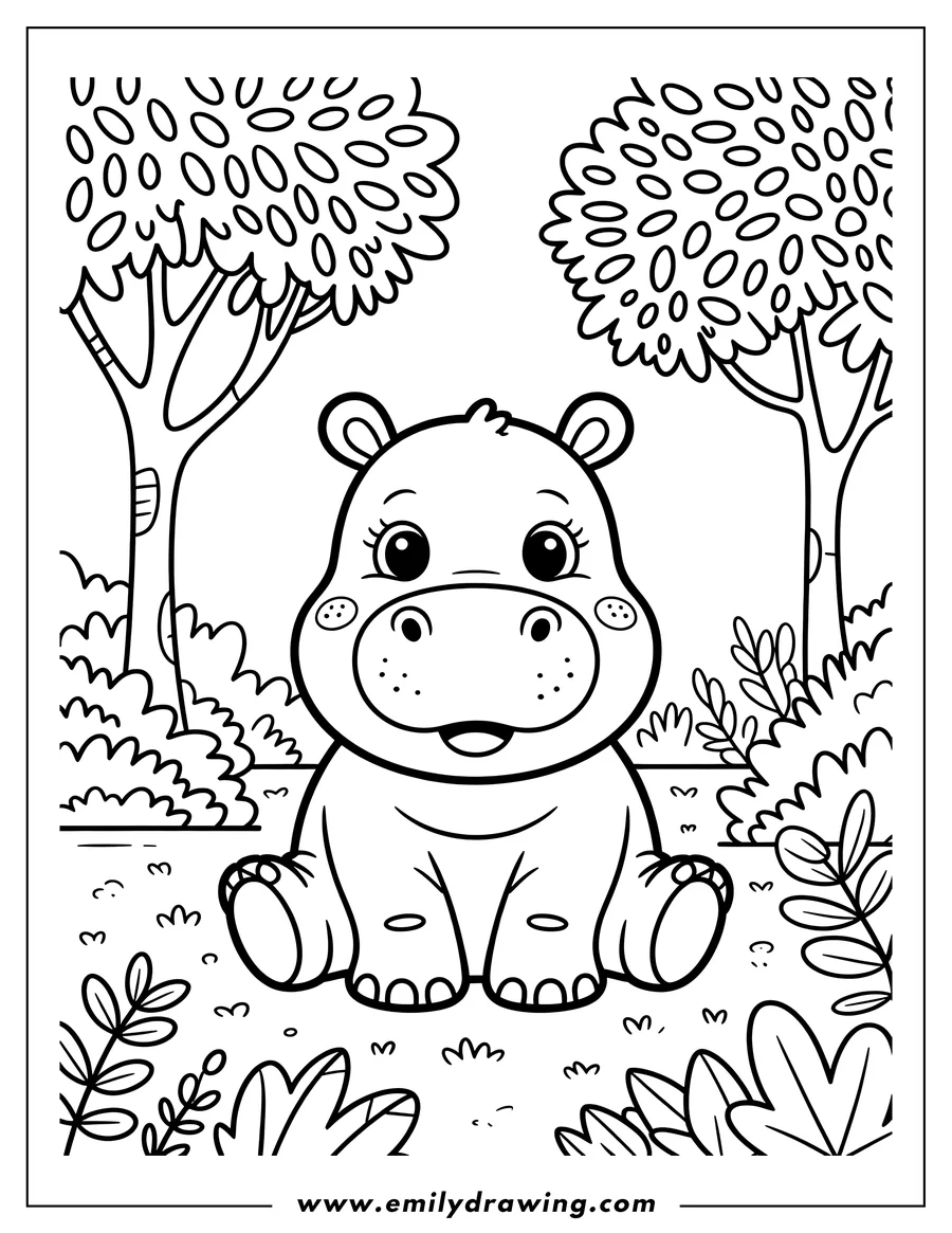 Outline of a hippo sitting peacefully, surrounded by plants and simplified trees.