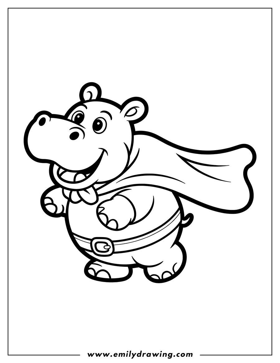 Outline of a hippopotamus dressed as a superhero, complete with a cape and belt.