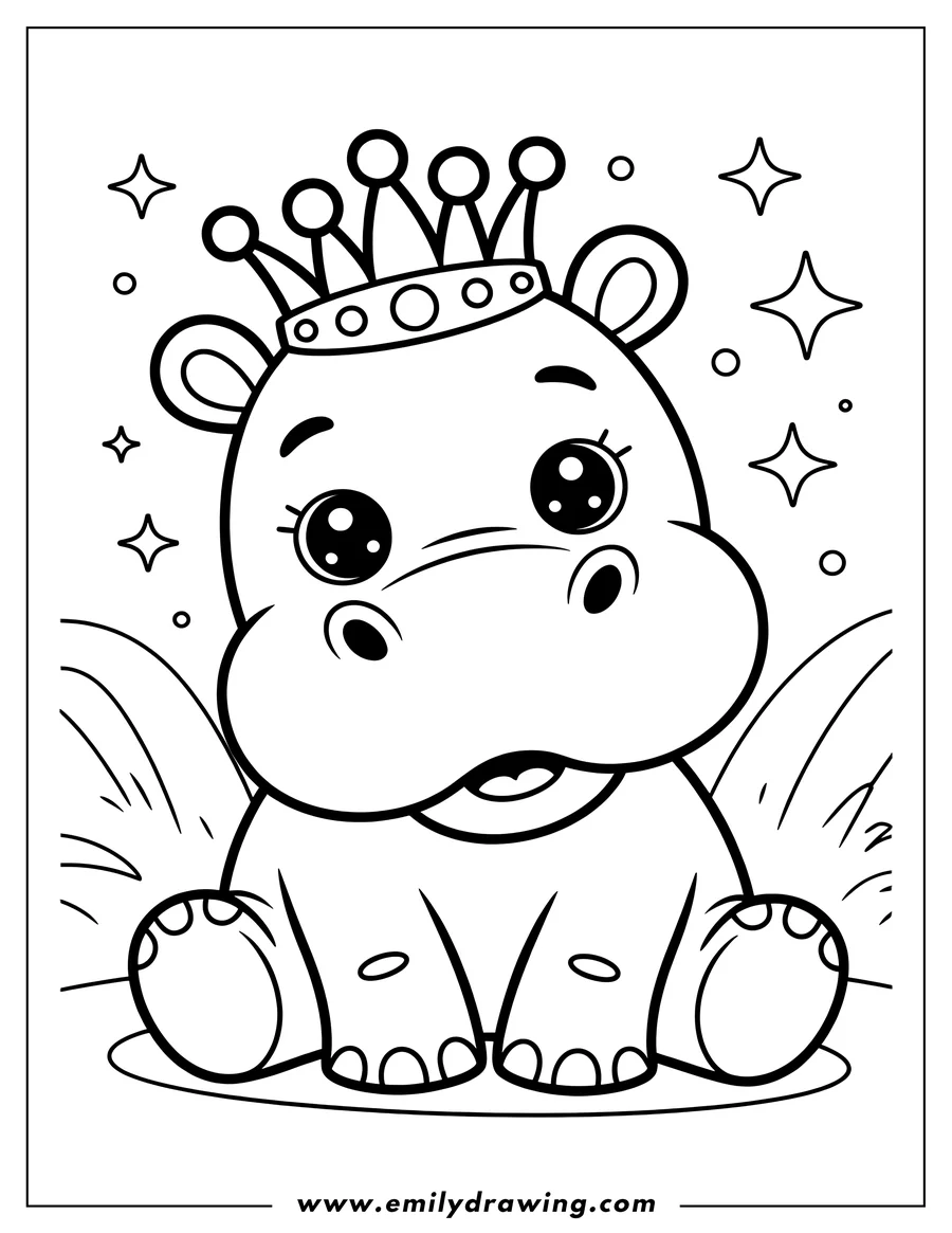 Outline of a baby hippo wearing a crown, surrounded by sparkles.