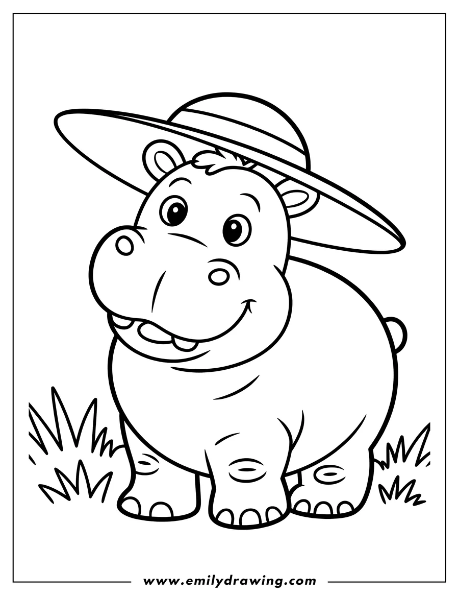 Outline of a hippopotamus wearing a large brimmed hat, standing in some grass.