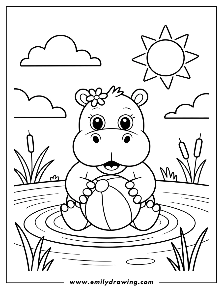 Outline of a baby hippopotamus sitting in water holding a beach ball. There's a flower on the hippo's head, cattails, and a sun in the sky.