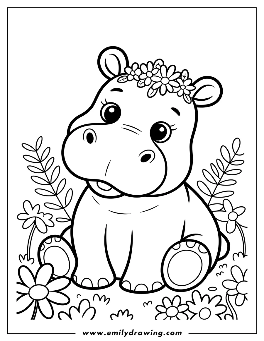 Outline of a baby hippopotamus wearing a flower crown and sitting in a field of flowers.