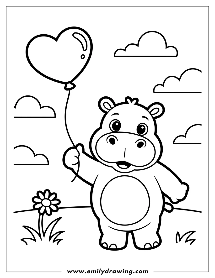 Outline of a happy hippopotamus holding a heart-shaped balloon, standing near a small flower and some grass.