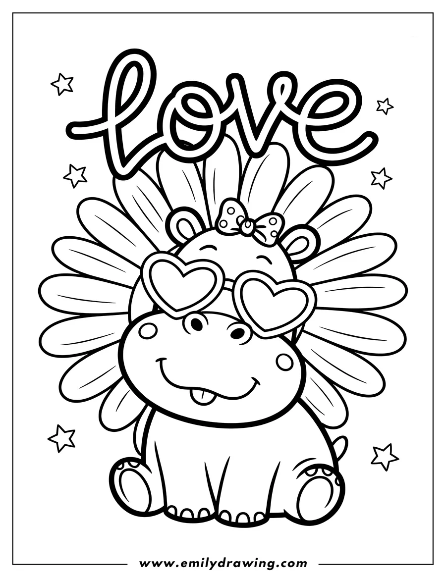 Outline of a hippopotamus wearing heart-shaped glasses and a bow, set against a backdrop of a large flower and stars.