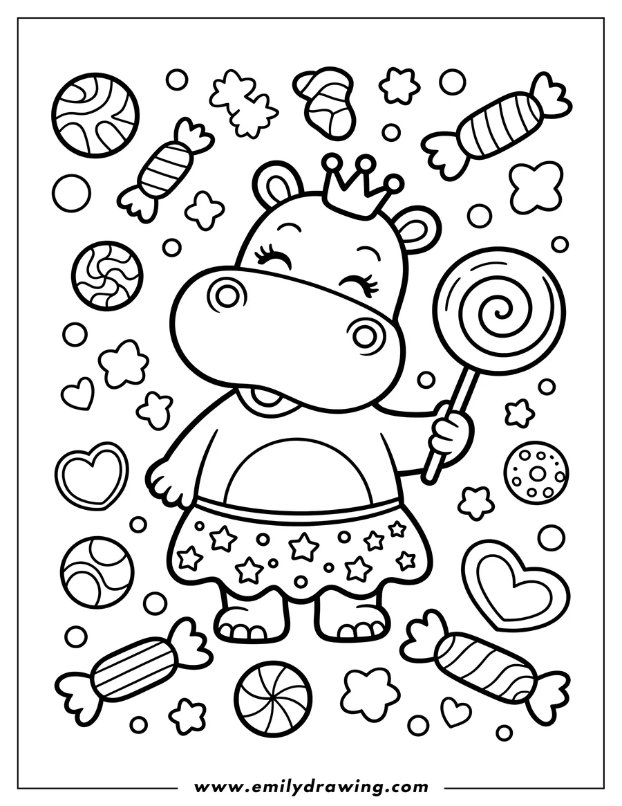 Outline of a hippo wearing a crown and holding a lollipop, surrounded by various candies and hearts.