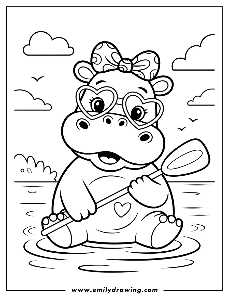 Outline of a hippopotamus wearing heart-shaped glasses and holding a paddle in shallow water.