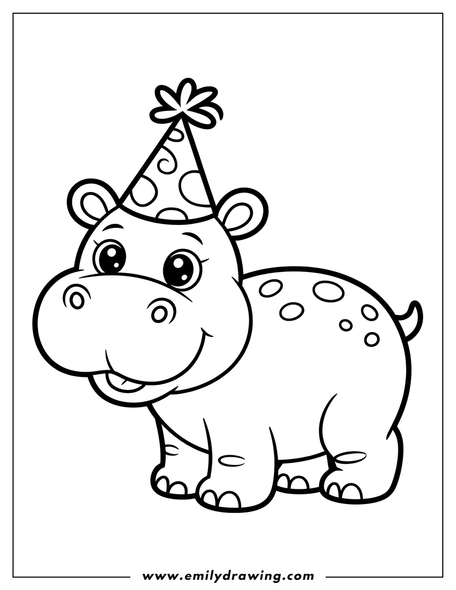 Outline of a hippopotamus wearing a festive party hat.