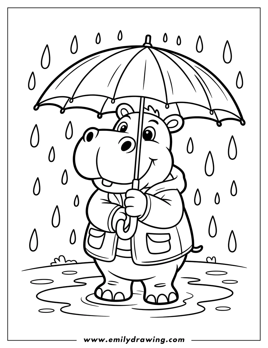 Outline of a hippo wearing a raincoat and holding an umbrella in the rain. There are puddles at its feet.
