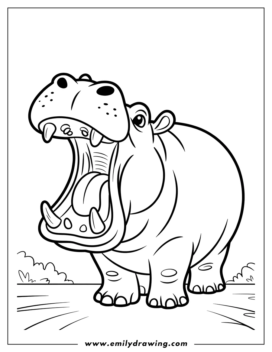 Line art of a hippopotamus with its mouth wide open, showing its teeth and tongue. It's standing in a simple landscape setting.