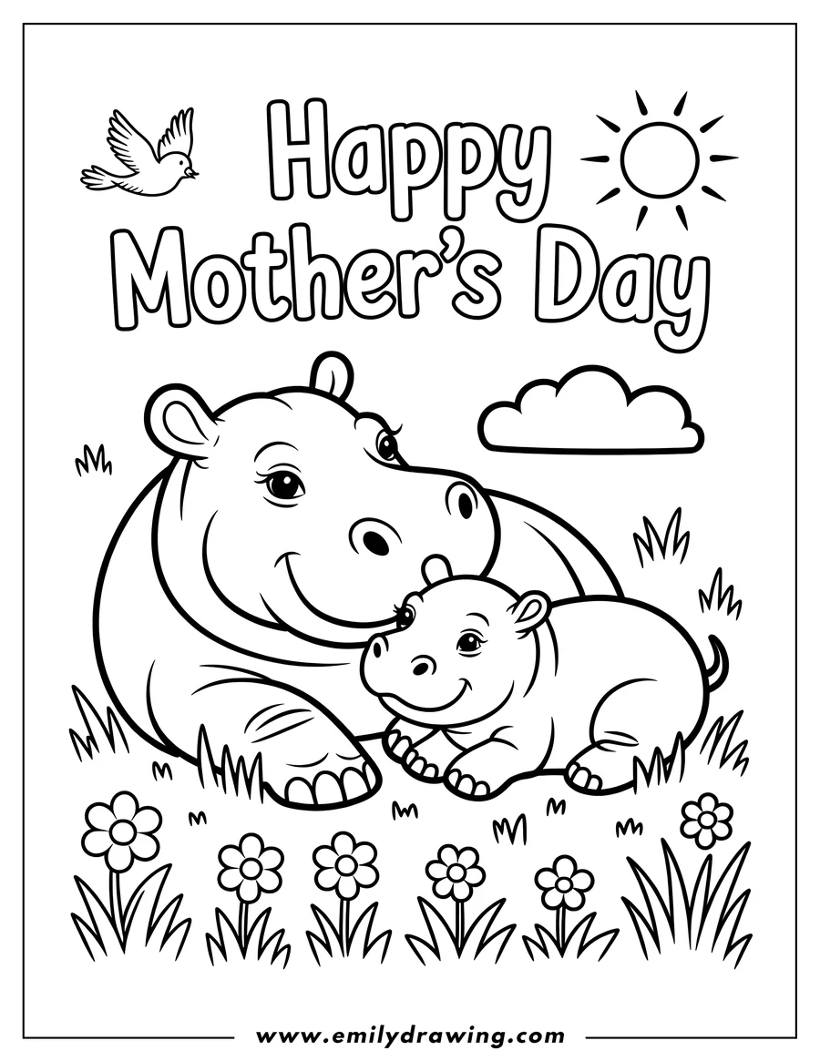 Outline of two hippos, a mother and baby, lying together in the grass surrounded by flowers. A bird flies overhead and the sun shines brightly. The words 'Happy Mother's Day' are written above.