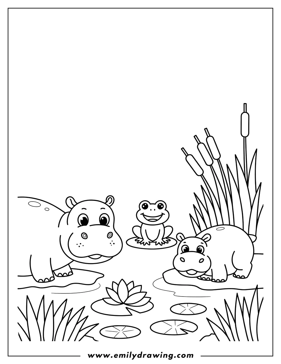 Outline of two hippos and a frog in a pond with lily pads and cattails.