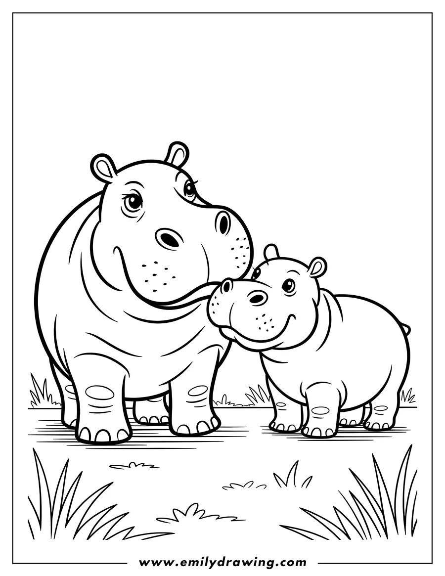 Outline of two hippos, a larger one and a smaller one, standing close together in a grassy area.