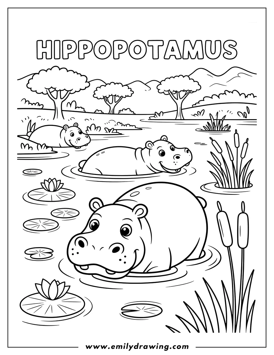 Two hippos wading in water near some lily pads and cattails.