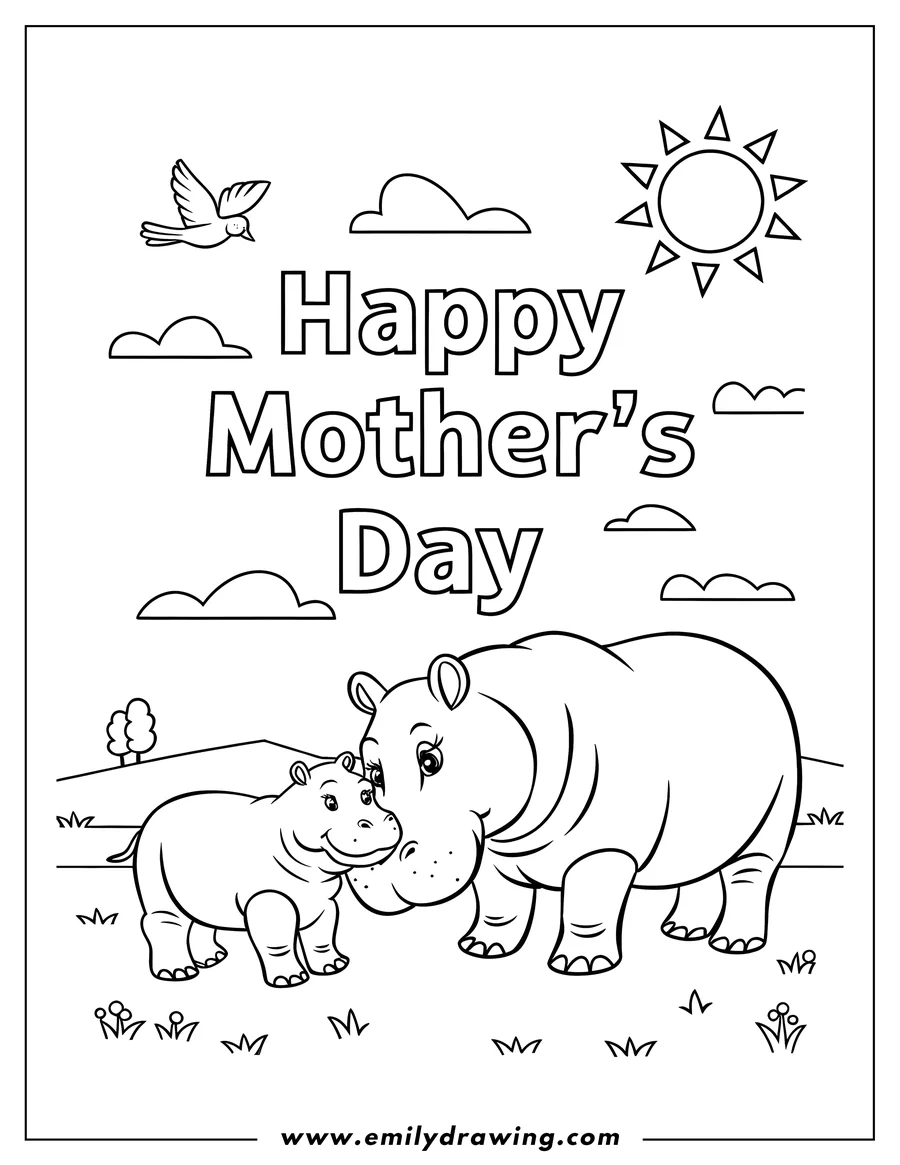 Outline of two hippos, a mother and baby, standing close together in a grassy field for Mother's Day. There's a Happy Mother's Day message above them, a sun in the sky, and a bird flying.