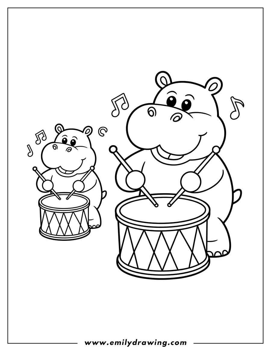 Two hippos playing drums with musical notes floating around them.