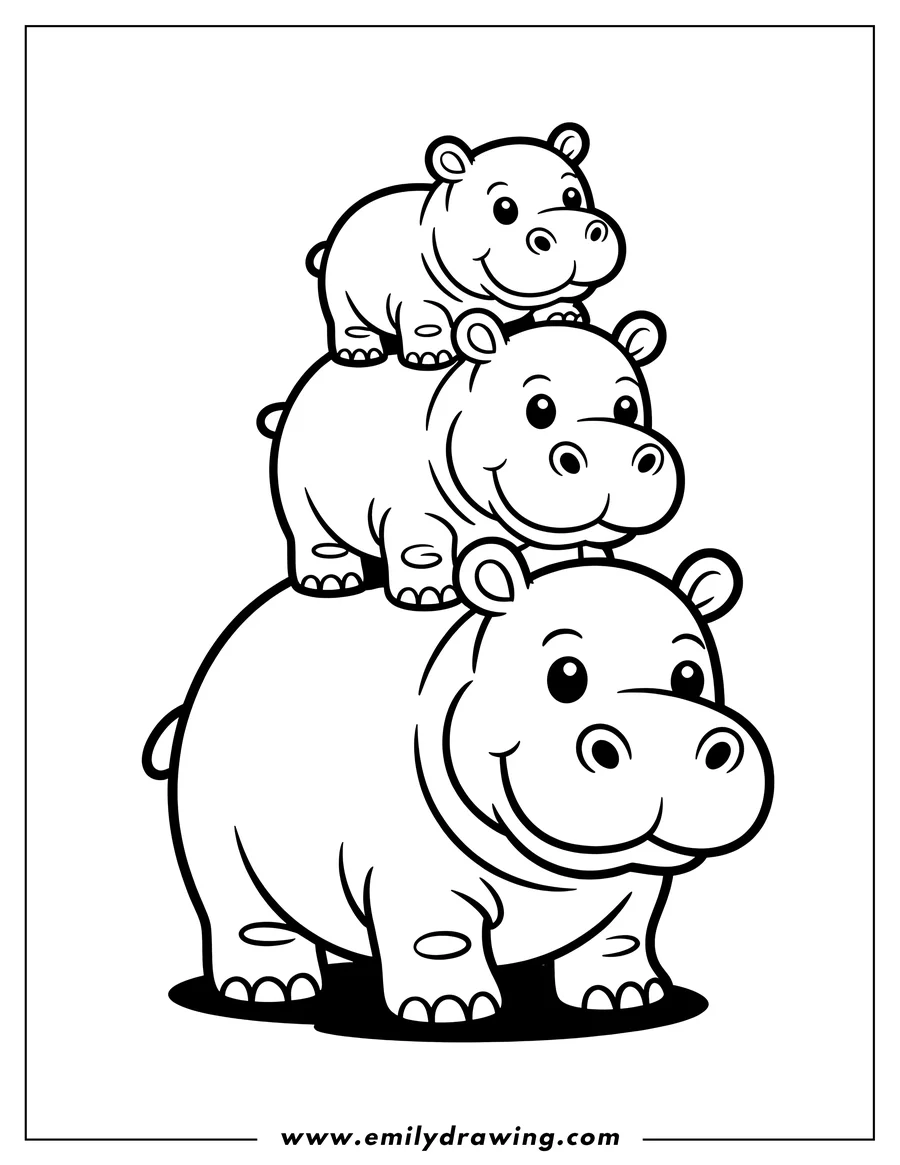 Line art of three hippos stacked on top of each other. A baby hippo is on top, followed by a slightly bigger hippo, with the largest hippo at the bottom.