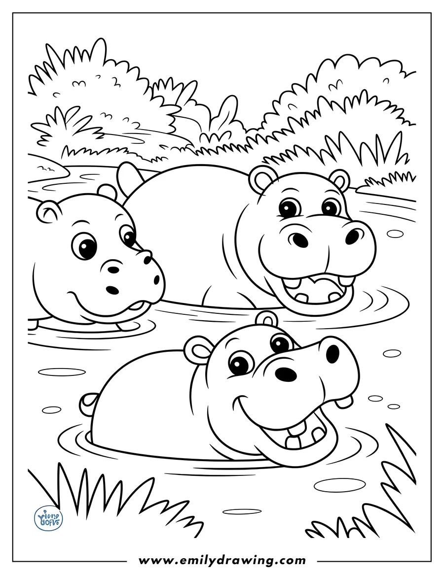 Three playful hippos enjoying a swim in a river or lake. The scene is bordered by grassy riverbanks.