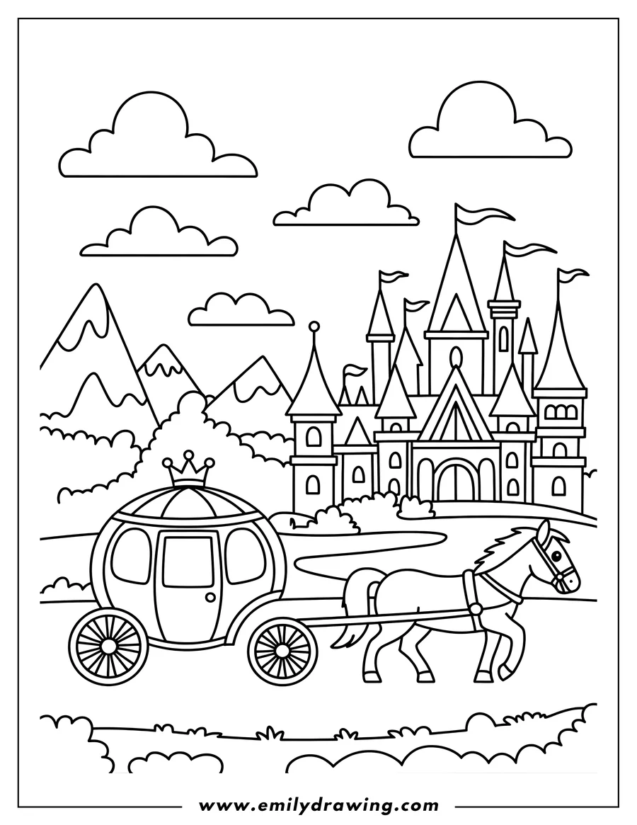Outline of a horse pulling a carriage with a crown on top, near a large castle with flags on its towers, set against a backdrop of mountains.