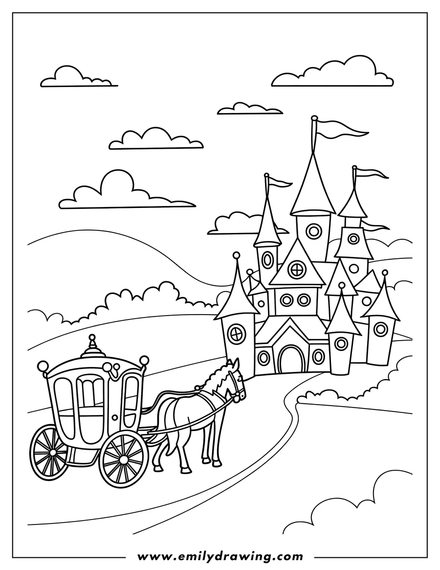 Outline of a horse-drawn carriage on a path leading to a castle with flags on its towers, set in a hilly landscape with fluffy clouds.