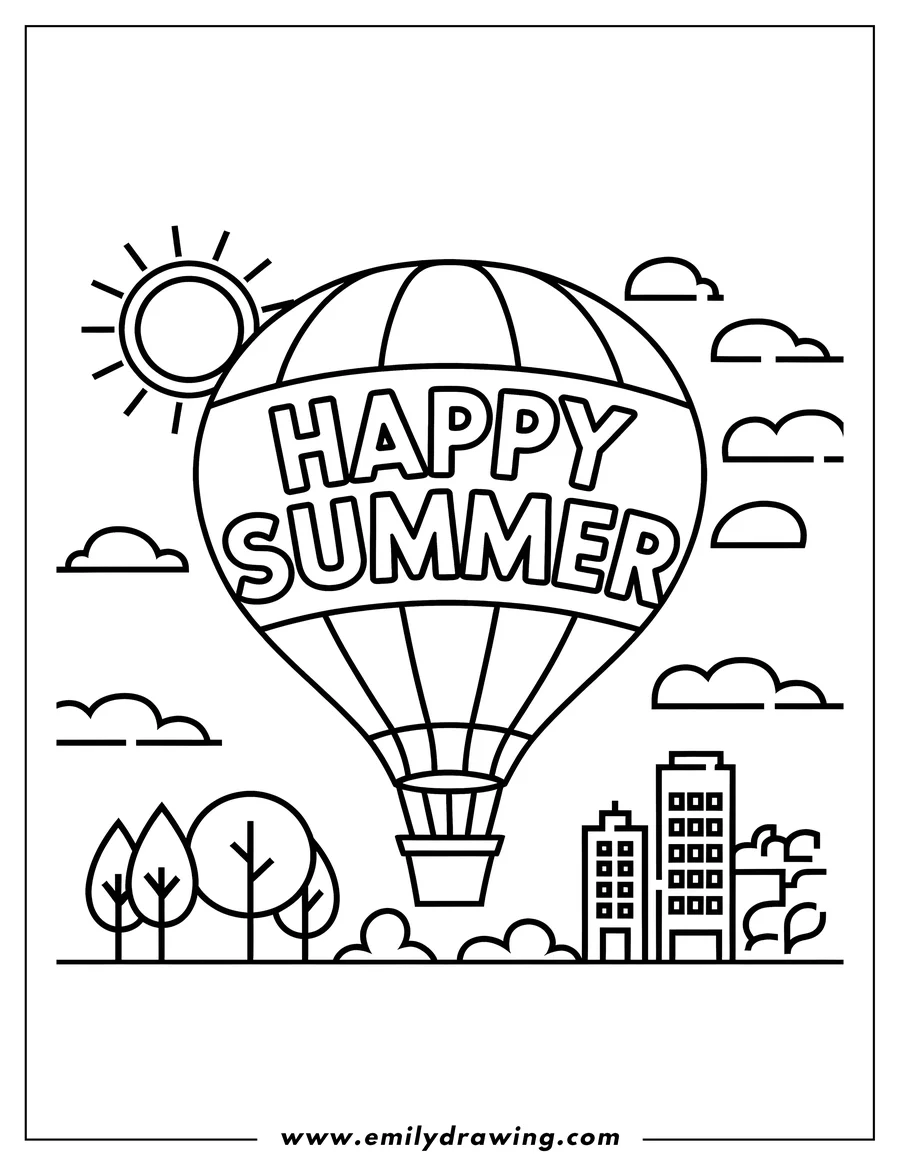 Outline of a hot air balloon floating above a city skyline with trees, clouds, and a sun.