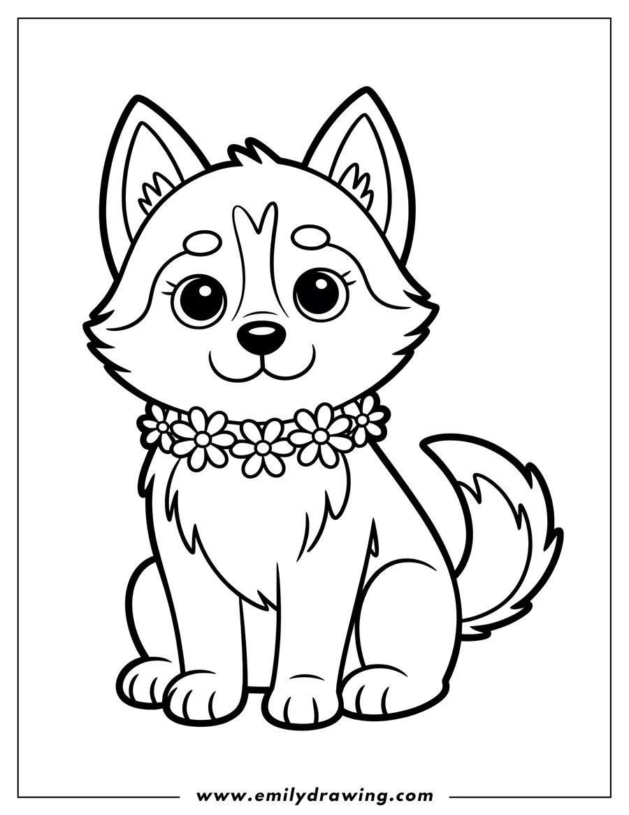 Outline of a husky puppy wearing a flower collar, sitting and looking forward.