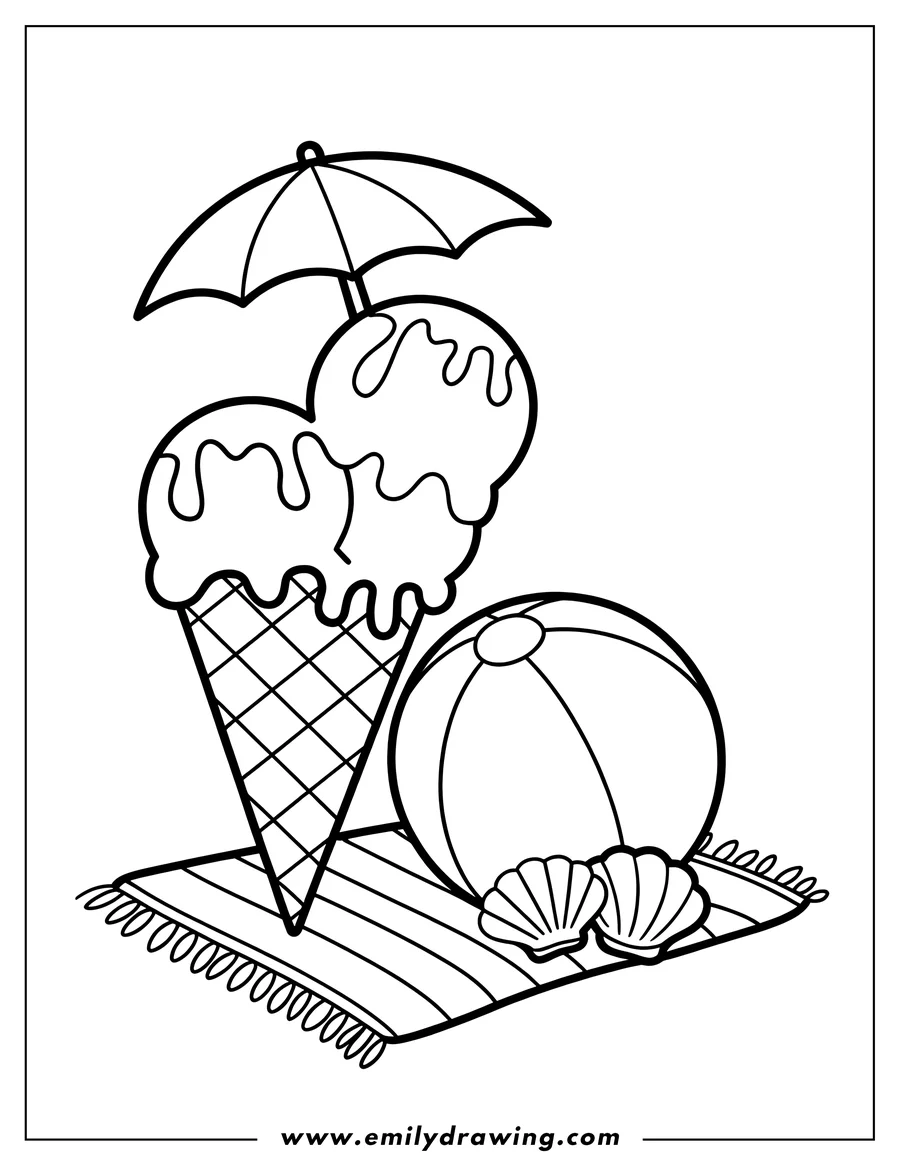 Line art of an ice cream cone with a small umbrella, a beach ball, and two seashells on a striped beach towel.