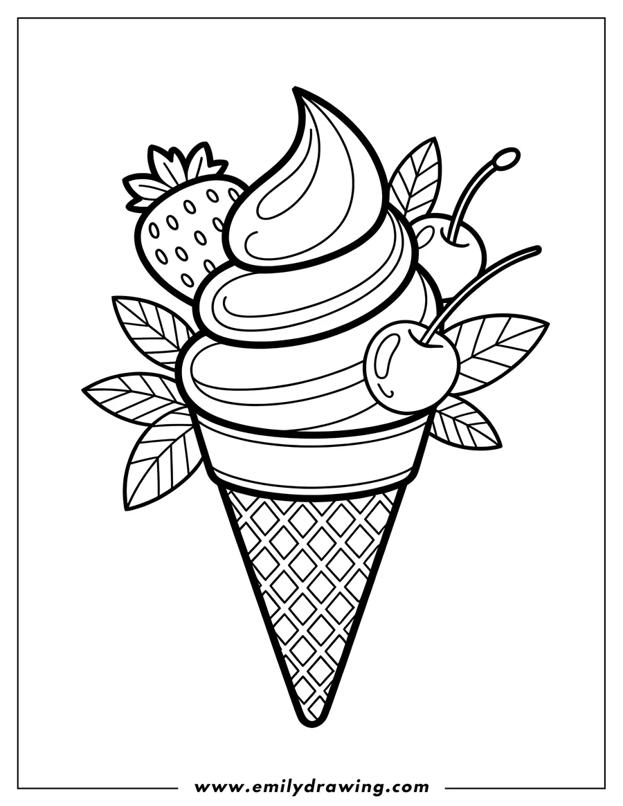 Line art of an ice cream cone with cherries and a strawberry on top.