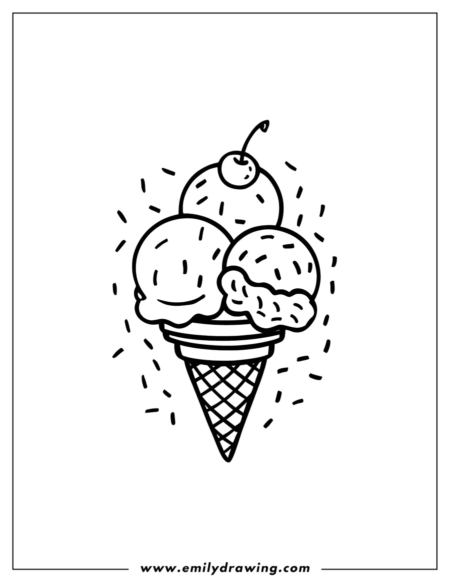 Line art of a triple scoop ice cream cone with sprinkles and a cherry on top.