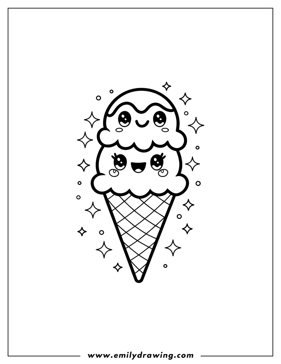 Outline of a double scoop ice cream cone with a cute, happy face, surrounded by sparkles.