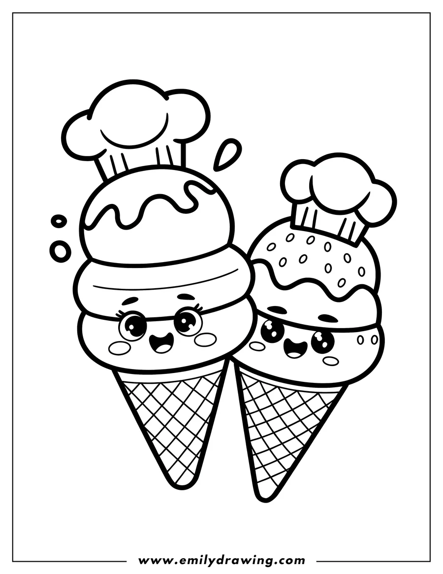 Line art of two kawaii-style ice cream cones wearing chef hats. One cone has a swirled topping, while the other has sprinkles. Both cones have happy faces and sit in crispy waffle cones.