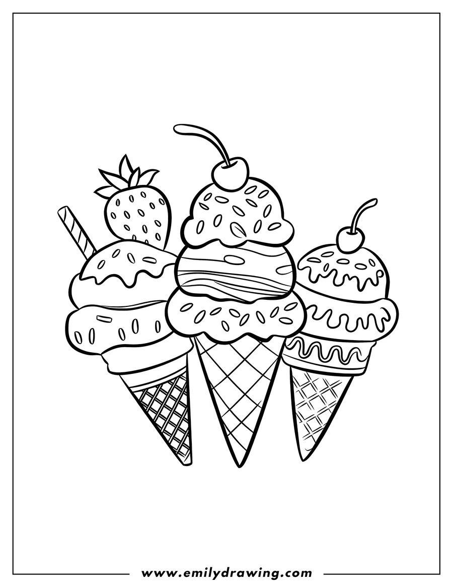 Line art of three ice cream cones with various toppings, including a cherry, a strawberry, and sprinkles.