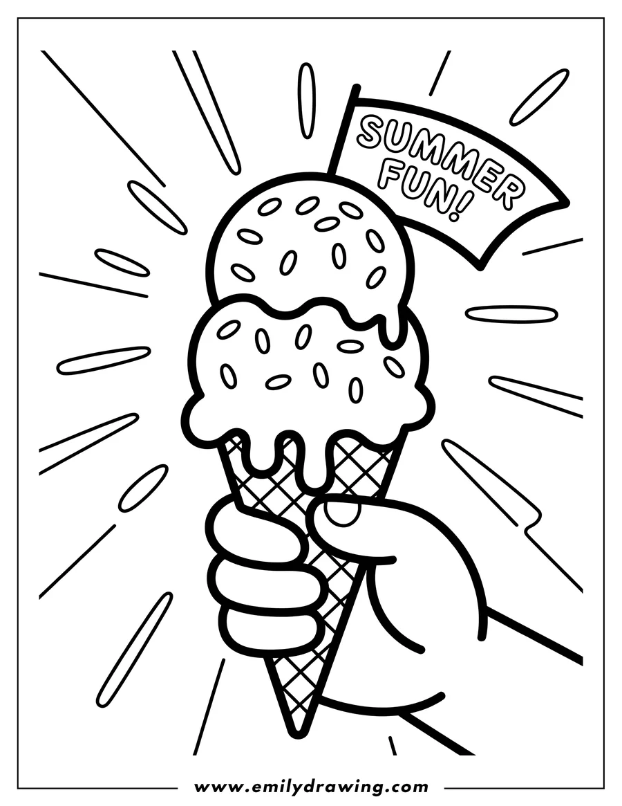 Outline of two scoops of ice cream with sprinkles in a waffle cone, held by a hand. A small flag says 'Summer Fun!'.