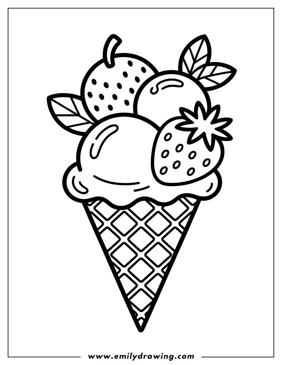 Line art of an ice cream cone with scoops of ice cream topped with orange slices and a strawberry.