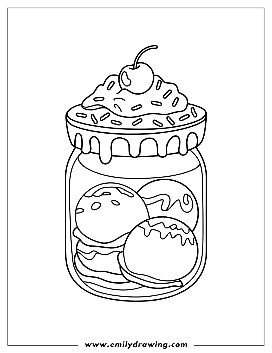 Line art of three scoops of ice cream in a jar, topped with sprinkles and a cherry.