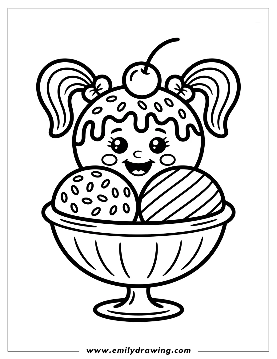 Line art of three scoops of ice cream in a footed dish. The top scoop has a cute face, pigtails, and a cherry on top. The other scoops have sprinkles and stripes.