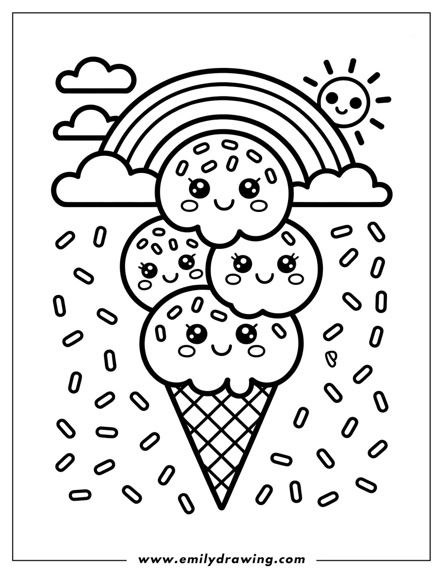 Line art of an ice cream cone with three scoops of ice cream covered in sprinkles, with clouds, a rainbow, and a smiling sun