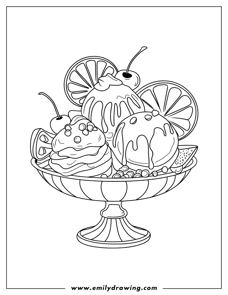 Line art of an ice cream sundae with two scoops, cherries, orange slices, sprinkles, and melted chocolate, all in a decorative bowl.