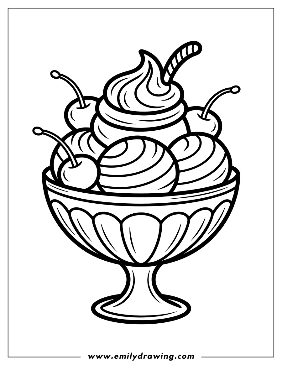 Outline of a delicious ice cream sundae with whipped cream, cherries, and a wafer straw in a fancy bowl