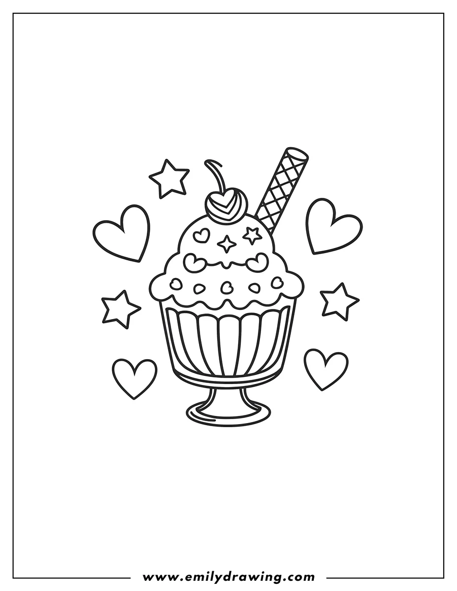 Line art of an ice cream sundae with a cherry, wafer, and decorative hearts and stars.