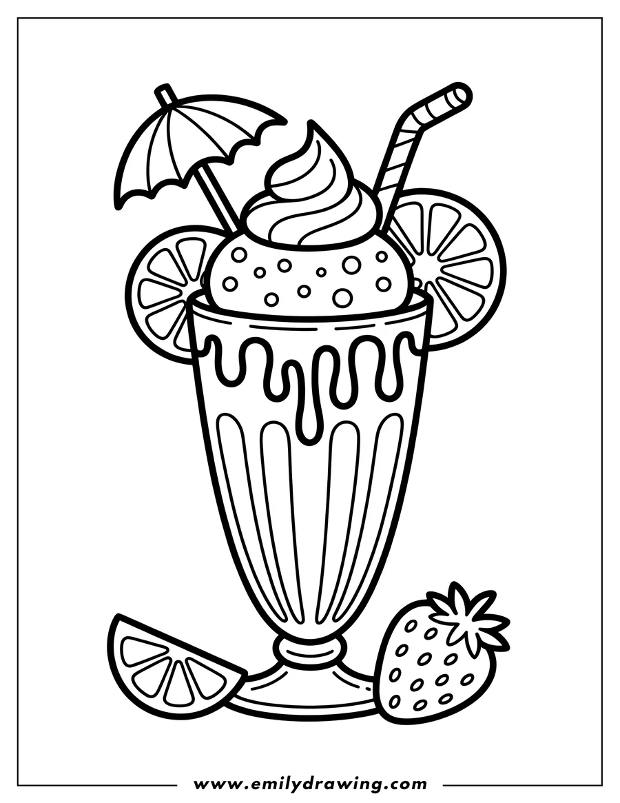 Outline of a tall ice cream sundae with whipped cream, a cherry, sprinkles, orange slices, a tiny umbrella, and a strawberry beside it.
